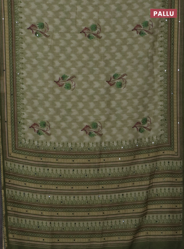 Kota linen saree mehendi green and green with allover ikat prints and prints & mirror work border