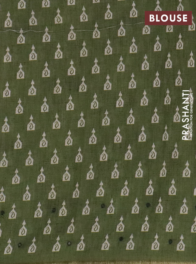 Kota linen saree mehendi green and green with allover ikat prints and prints & mirror work border