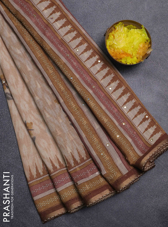 Kota linen saree sandal and brown with allover ikat prints and prints & mirror work border