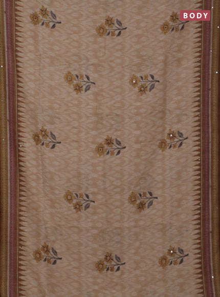 Kota linen saree sandal and brown with allover ikat prints and prints & mirror work border