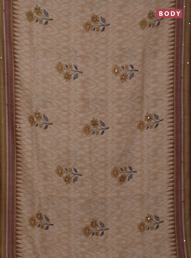 Kota linen saree sandal and brown with allover ikat prints and prints & mirror work border