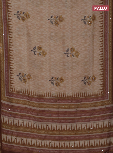 Kota linen saree sandal and brown with allover ikat prints and prints & mirror work border