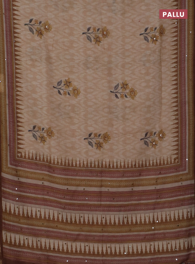 Kota linen saree sandal and brown with allover ikat prints and prints & mirror work border