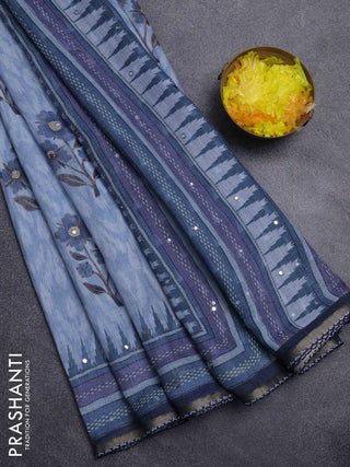 Kota linen saree grey and blue with allover ikat prints and prints & mirror work border