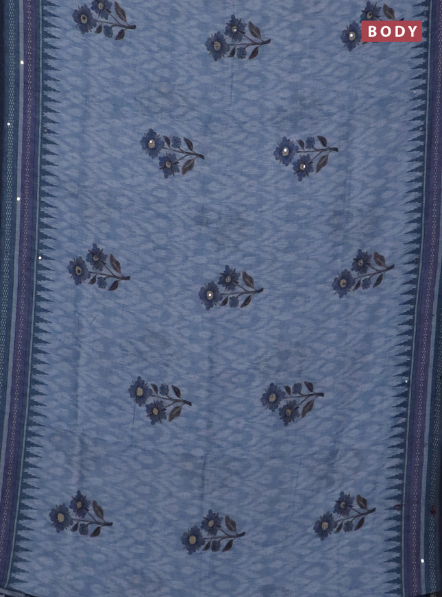 Kota linen saree grey and blue with allover ikat prints and prints & mirror work border