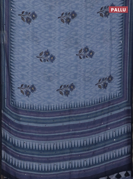 Kota linen saree grey and blue with allover ikat prints and prints & mirror work border