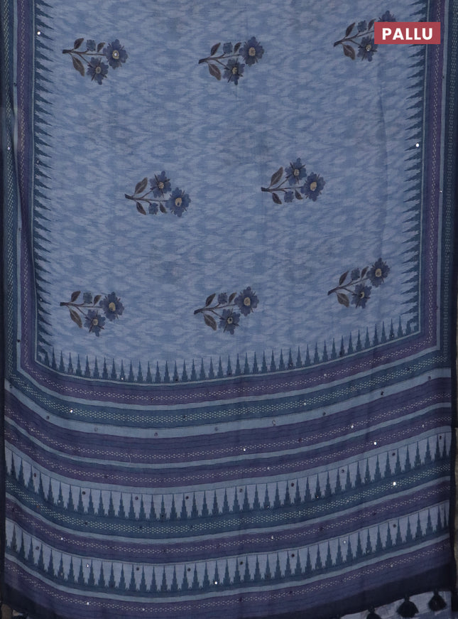 Kota linen saree grey and blue with allover ikat prints and prints & mirror work border