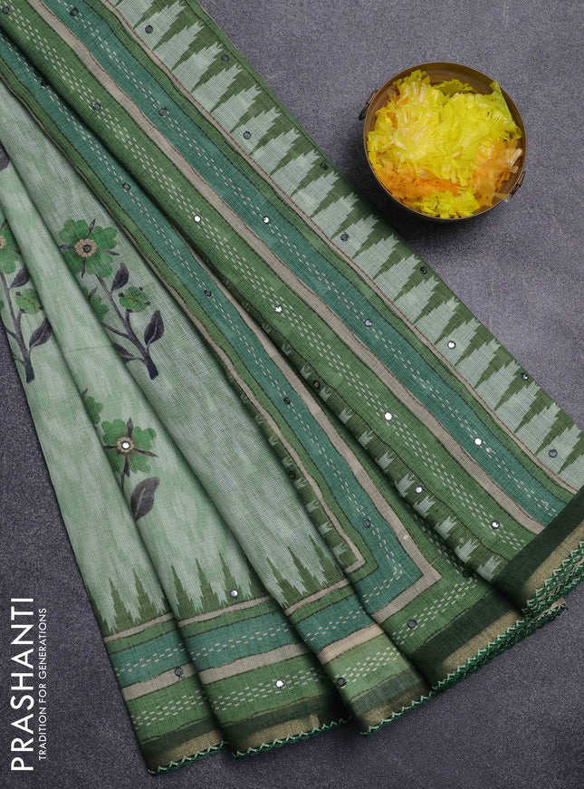 Kota linen saree light green and green with allover ikat prints and prints & mirror work border