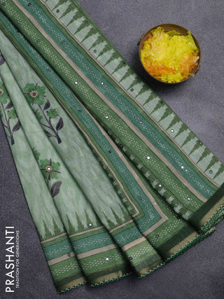 Kota linen saree light green and green with allover ikat prints and prints & mirror work border