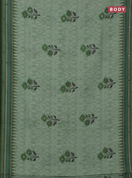 Kota linen saree light green and green with allover ikat prints and prints & mirror work border