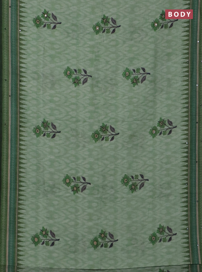 Kota linen saree light green and green with allover ikat prints and prints & mirror work border