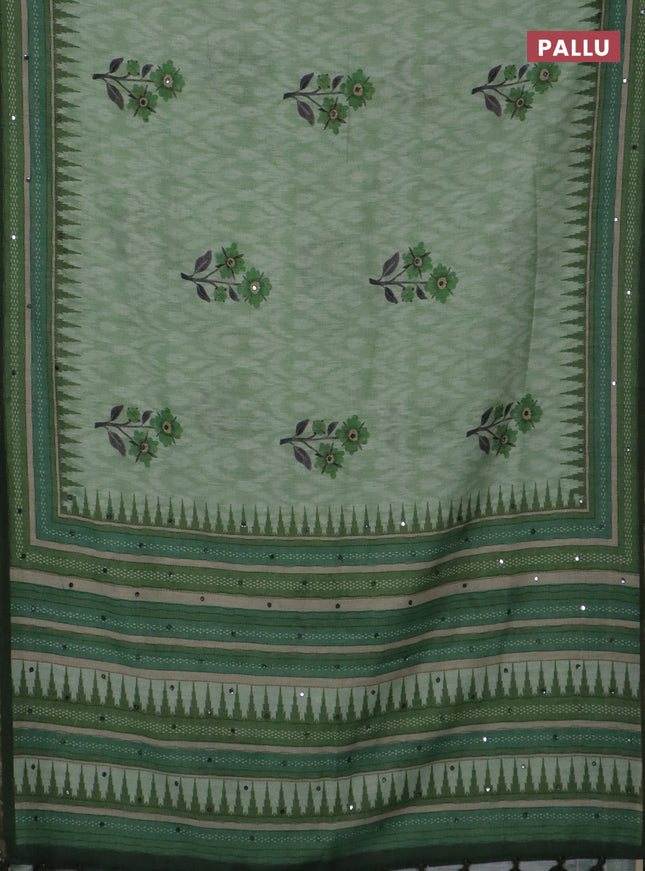Kota linen saree light green and green with allover ikat prints and prints & mirror work border