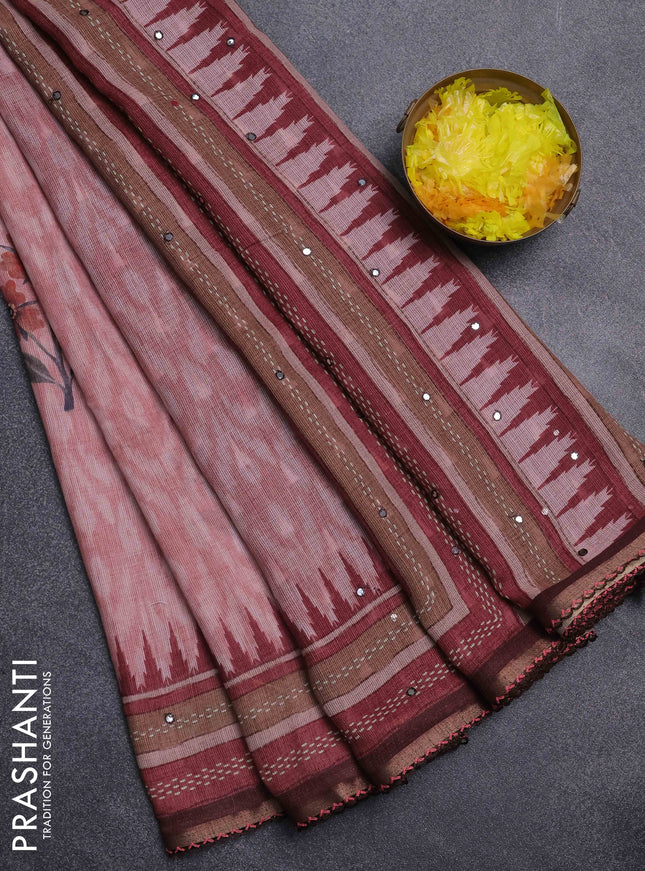 Kota linen saree peach shade and maroon with allover ikat prints and prints & mirror work border
