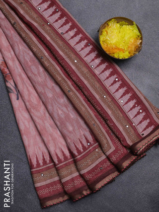 Kota linen saree peach shade and maroon with allover ikat prints and prints & mirror work border