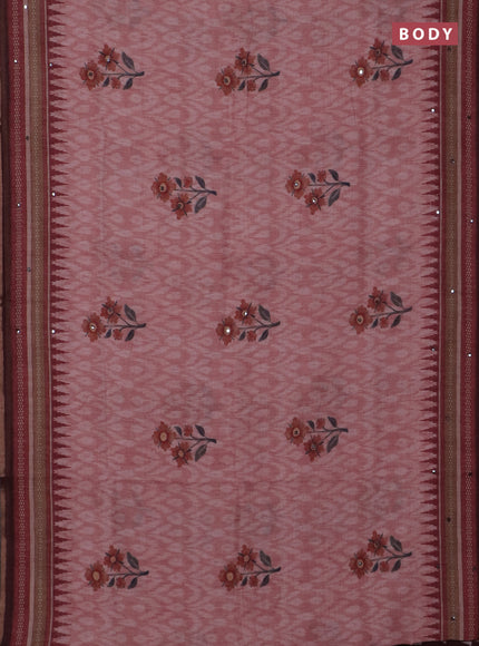 Kota linen saree peach shade and maroon with allover ikat prints and prints & mirror work border