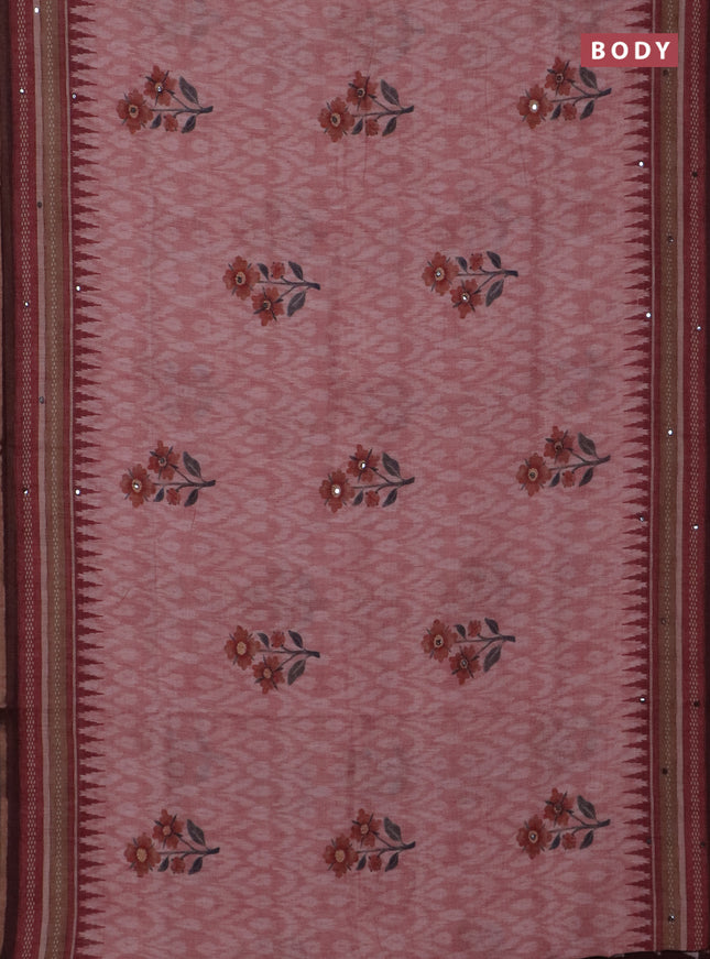 Kota linen saree peach shade and maroon with allover ikat prints and prints & mirror work border