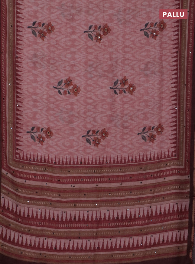 Kota linen saree peach shade and maroon with allover ikat prints and prints & mirror work border