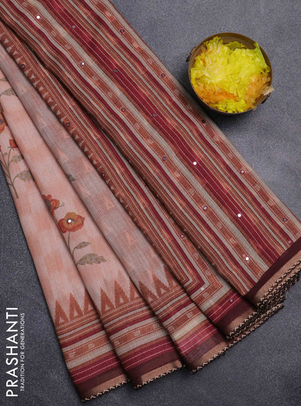 Kota linen saree peach shade and coffee brown with allover ikat prints and prints & mirror work border