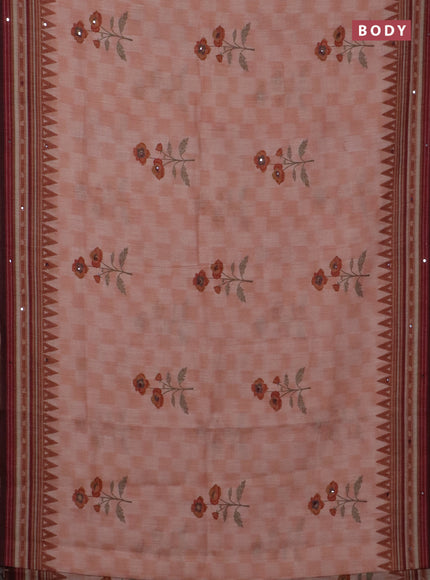 Kota linen saree peach shade and coffee brown with allover ikat prints and prints & mirror work border