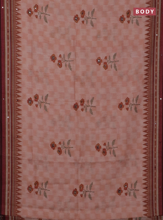Kota linen saree peach shade and coffee brown with allover ikat prints and prints & mirror work border
