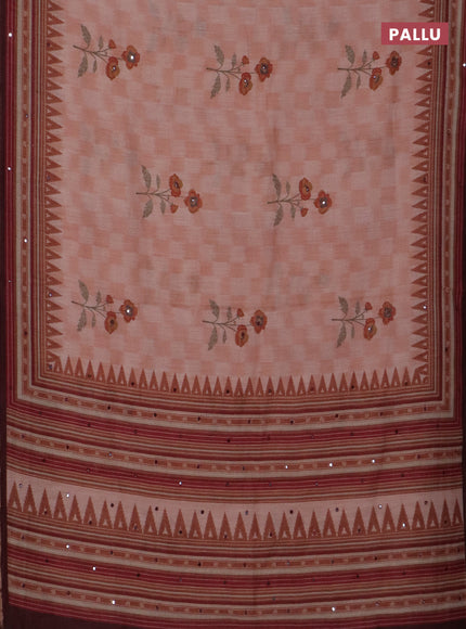 Kota linen saree peach shade and coffee brown with allover ikat prints and prints & mirror work border
