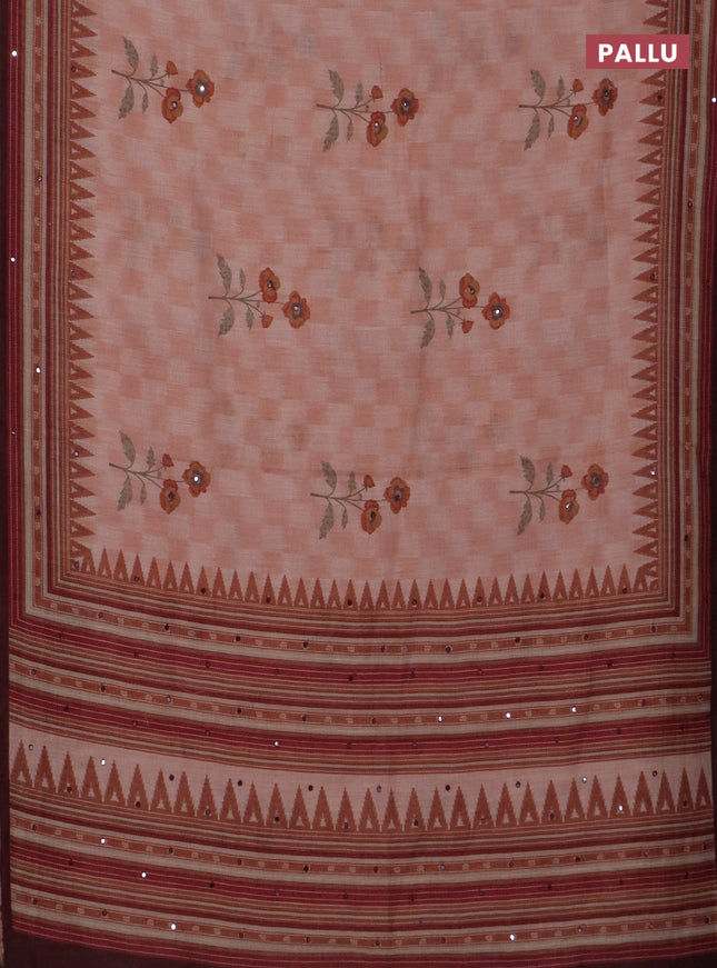 Kota linen saree peach shade and coffee brown with allover ikat prints and prints & mirror work border