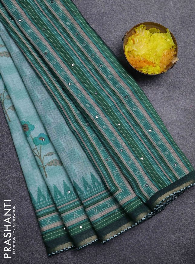 Kota linen saree green shade and green with allover ikat prints and prints & mirror work border