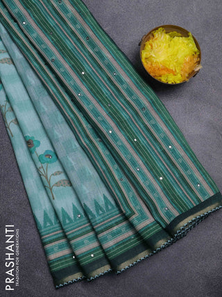 Kota linen saree green shade and green with allover ikat prints and prints & mirror work border