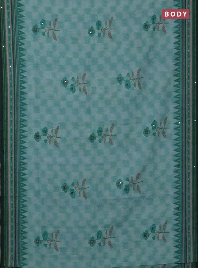 Kota linen saree green shade and green with allover ikat prints and prints & mirror work border