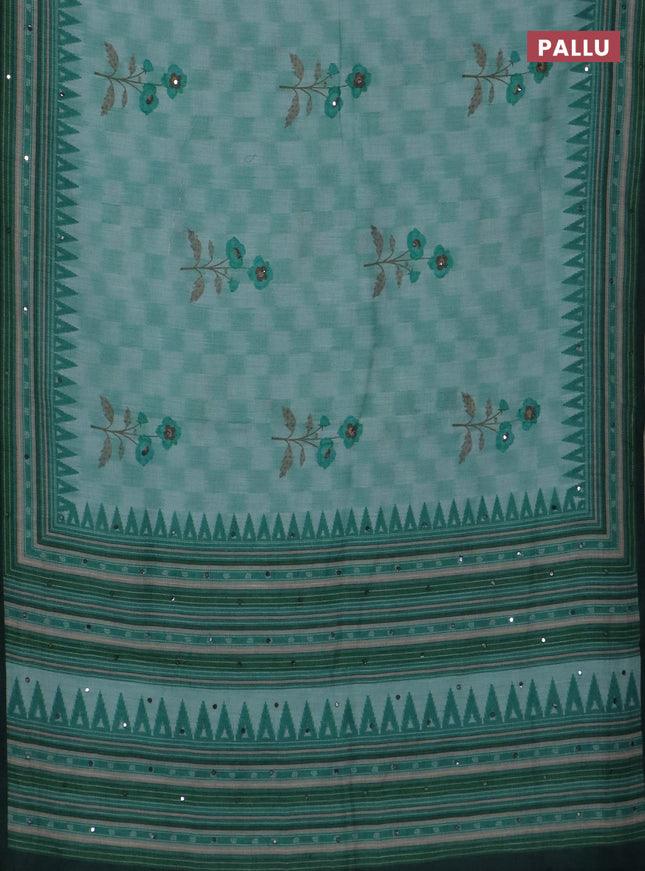 Kota linen saree green shade and green with allover ikat prints and prints & mirror work border