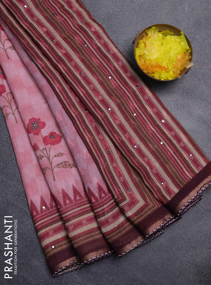 Kota linen saree peach pink and deep maroon with allover ikat prints and prints & mirror work border