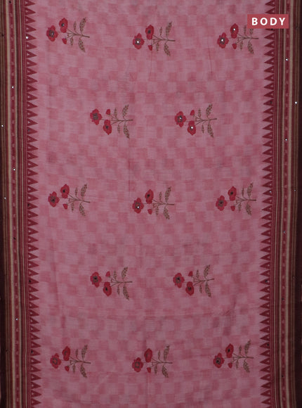 Kota linen saree peach pink and deep maroon with allover ikat prints and prints & mirror work border