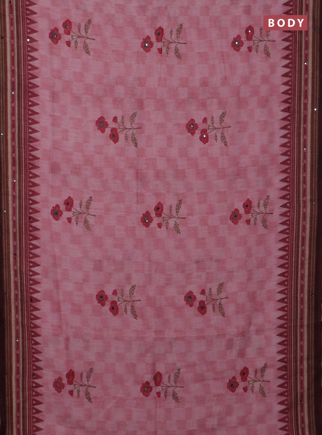 Kota linen saree peach pink and deep maroon with allover ikat prints and prints & mirror work border