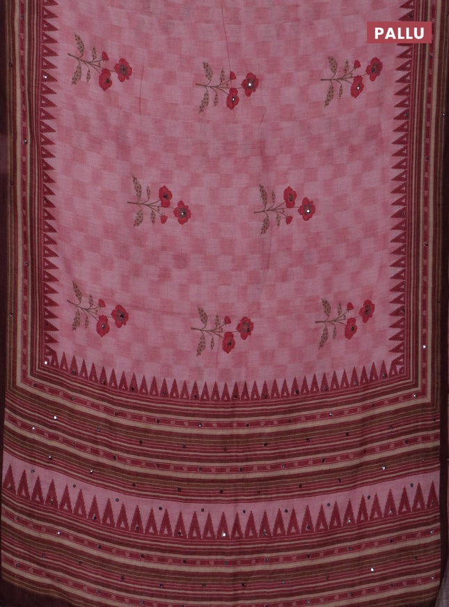 Kota linen saree peach pink and deep maroon with allover ikat prints and prints & mirror work border