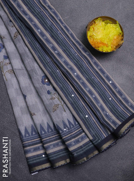 Kota linen saree grey and navy blue with allover ikat prints and prints & mirror work border