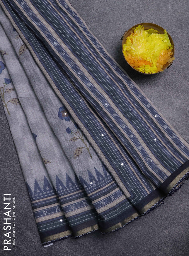 Kota linen saree grey and navy blue with allover ikat prints and prints & mirror work border