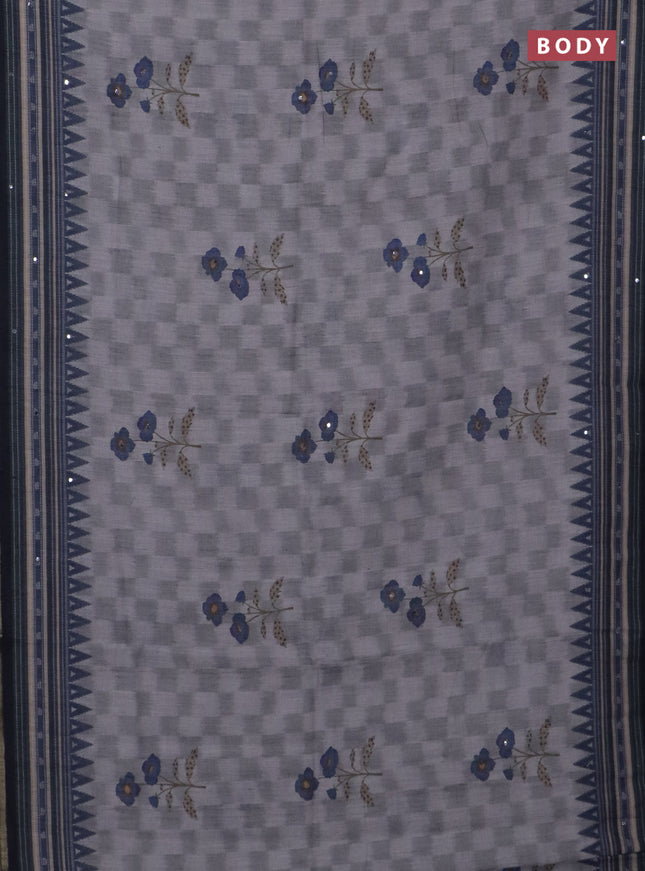 Kota linen saree grey and navy blue with allover ikat prints and prints & mirror work border