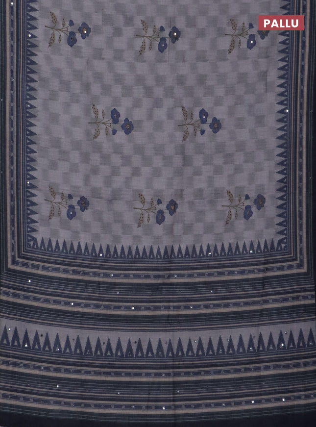 Kota linen saree grey and navy blue with allover ikat prints and prints & mirror work border