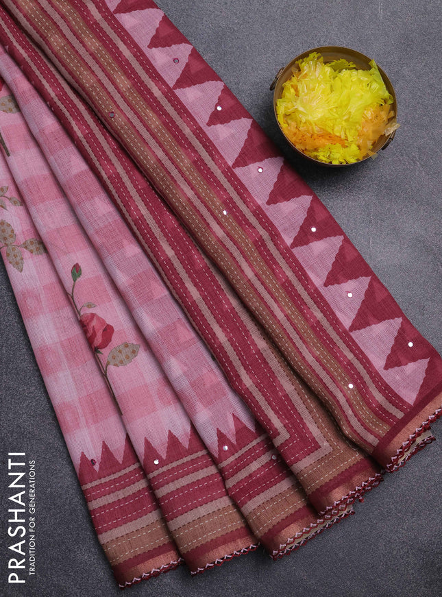 Kota linen saree pink and maroon with allover ikat prints and prints & mirror work border
