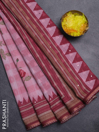 Kota linen saree pink and maroon with allover ikat prints and prints & mirror work border