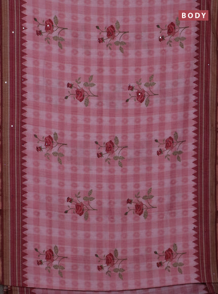 Kota linen saree pink and maroon with allover ikat prints and prints & mirror work border