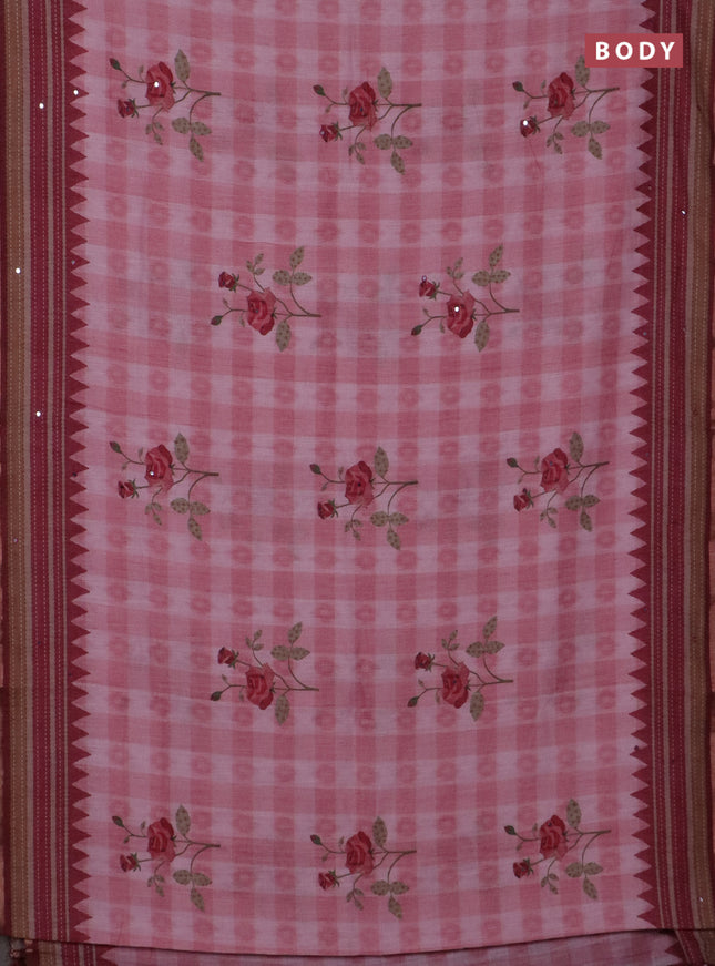 Kota linen saree pink and maroon with allover ikat prints and prints & mirror work border