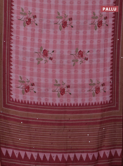 Kota linen saree pink and maroon with allover ikat prints and prints & mirror work border