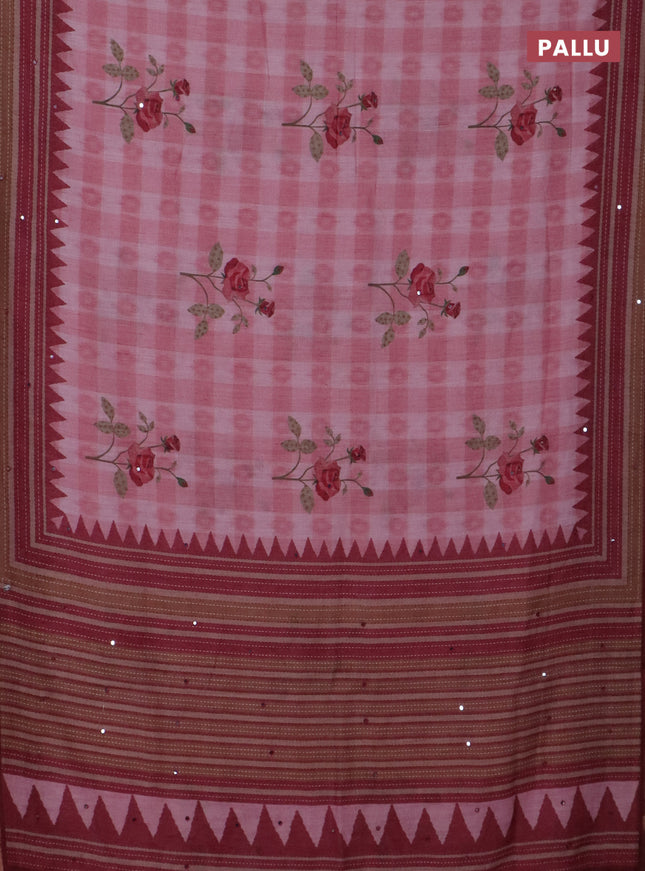 Kota linen saree pink and maroon with allover ikat prints and prints & mirror work border