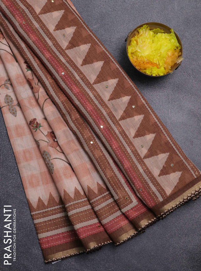 Kota linen saree rust shade and brown with allover ikat prints and prints & mirror work border