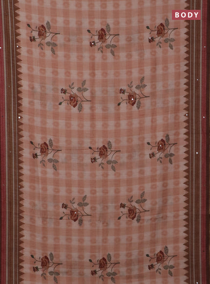 Kota linen saree rust shade and brown with allover ikat prints and prints & mirror work border