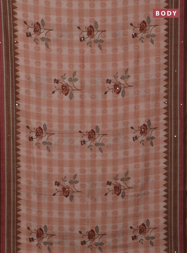 Kota linen saree rust shade and brown with allover ikat prints and prints & mirror work border
