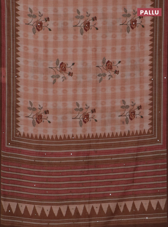 Kota linen saree rust shade and brown with allover ikat prints and prints & mirror work border