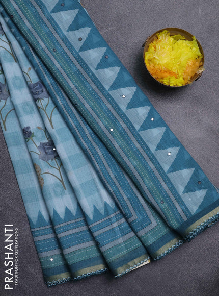 Kota linen saree blue shade and peacock green with allover ikat prints and prints & mirror work border