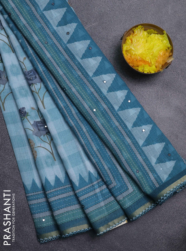 Kota linen saree blue shade and peacock green with allover ikat prints and prints & mirror work border